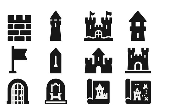 Medieval Castle Icons. Medieval castles. Solid icon set of Medieval castles: stone wall, tower turret, drawbridge, moat, gatehouse, flag, arrow slit, guard