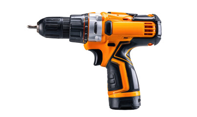 Close-up of a cordless electric drill.  Bright orange and black body, featuring a comfortable grip and various controls.  A screwdriver bit is visible at the front.  