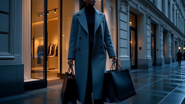 Black Friday Sale: A stylish Black woman enjoys luxury shopping, exiting a chic city store in the evening with bags.