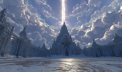 Eternal frozen sanctum with sacred geometries glowing beneath the blinding light of divine judgment