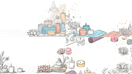 Soft hand drawn illustration of yoga mats candles essential oils and wellness elements arranged in calming compositions. Ideal for spa themes meditation design self care and relaxation content.