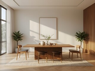 Elegant modern dining room interior with a large wooden table, stylish chairs, green potted plants, and a blank picture frame on a white wall, illuminated by natural sunlight and warm light