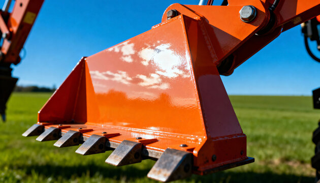 A close-up of a new orange excavator bucket with metal teeth. Heavy industrial machinery for construction and earthmoving. Detail of a front loader scoop in a green field on a sunny day
