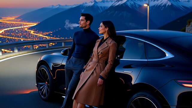 A romantic couple in their 30s with a luxury car enjoys the scenic mountain view of a glowing city at twilight, embodying a wealthy lifestyle and travel.