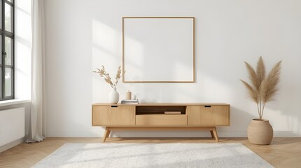 Modern minimalist living room with a blank horizontal picture frame mockup on a white wall, wooden tv cabinet, rattan chair, green plant, and natural sunlight