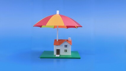 Hausmodell unter einem Regenbogen Regenschirm  