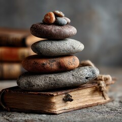 Stacked Stones on Books Still Life with Pyramid, zen , learning