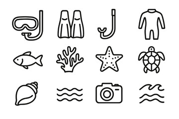 Snorkeling Icon Set. Snorkeling adventure. Line icon set of Snorkeling adventure: snorkel mask, fins, snorkel tube, wetsuit, flippers, fish, coral, sea turtle,