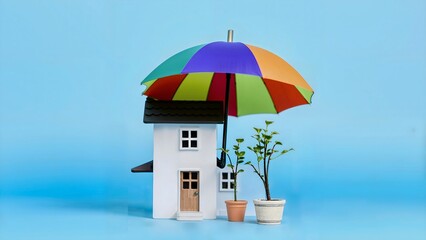 Hausmodell unter einem Regenbogen Regenschirm  