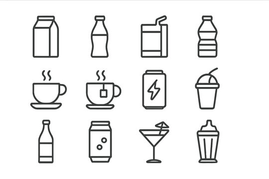 Beverage Icon Set. Beverage toast. Line icon set of beverage toast: wine glass, clinking glasses, cocktail glass, martini glass, champagne flute, beer mug,