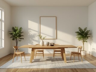 Bright and airy dining room interior with a large wooden table, comfortable chairs, lush green plants, and a blank canvas on the wall, bathed in soft natural light