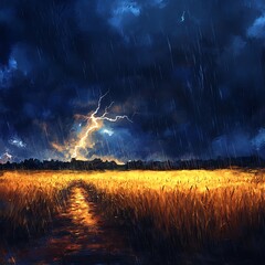 Digital Painting Stormy Landscape with Lightning, Rain and Wheat Field, digital art, landscape, weather storm, lightning    high resolution   for isolate image