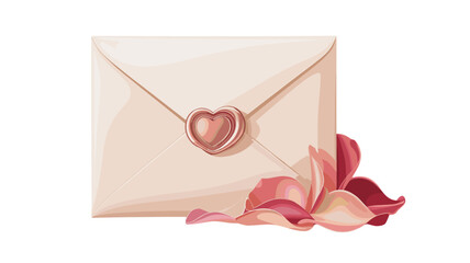 A romantic Valentine's Day envelope sealed with a heart-shaped wax seal and accompanied by delicate rose petals.