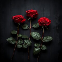 Five Red Roses on Black Wood Vertical Composition, Dark Moody Aesthetic, Romantic Concept Roses, Dark Background  high resolution   for isolate image