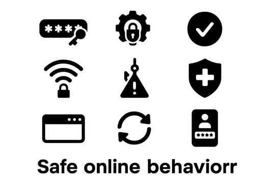 Safe Online Icons. Safe online behavior. Solid icon set of Safe online behavior: strong password, privacy settings, verified checkmark, padlock, secure WiFi,