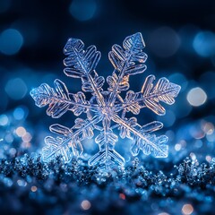 Icy Snowflake Close-Up with Bokeh Lights, Winter , Snow   high resolution   for isolate image
