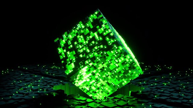 Digital data cube morphing rotating geometric shape loop 3D render