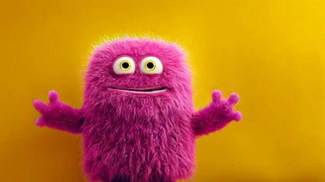 Pink fluffy monster showing ok and peace hand gestures on yellow background. Cute cartoon character with funny expressions.