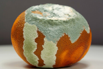 Overripe and rotten mandarin. Rotten tangerine covered with mold
