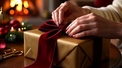 A woman ties a festive Christmas bow with a luxurious red velvet ribbon on a golden gift box in a cozy home with a fireplace.