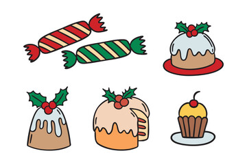 Christmas desserts clipart set with cake, cupcakes and candies decorated with holly, festive collection, hand drawn.