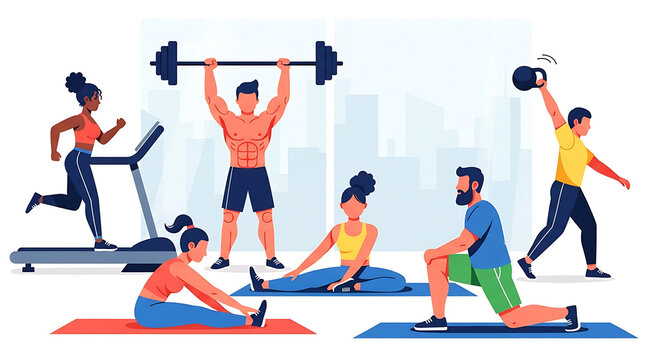 A diverse group of people performing various exercises in a modern gym setting, including running, weightlifting, stretching, and kettlebell swings. - Powered by Adobe