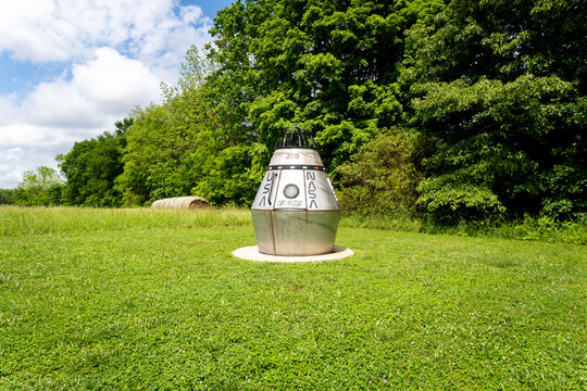 Franklin, Kentucky: High school welding class builds space capsule. A surprise prank by welding class. Marked with NASA, USA, Captain Wildcat, 2018. The Sculpture Park at Blackjack.