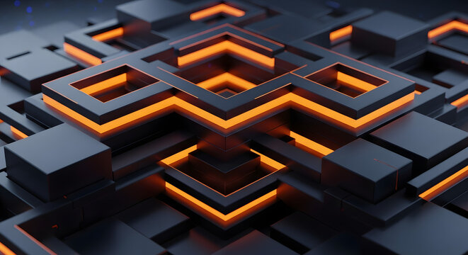 Futuristic abstract background with dark geometric cubes and glowing orange neon lines, creating a high-tech data or circuit board concept