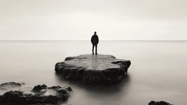 Person standing on rock above calm foggy sea
