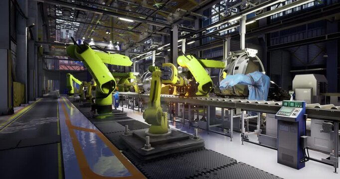 Rows of robotic arms are actively assembling products in a high tech manufacturing facility. The environment is well lit, showcasing advanced machinery and a clean workspace.