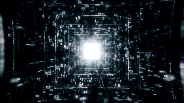 Blue neon digital tunnel of binary code flowing endlessly