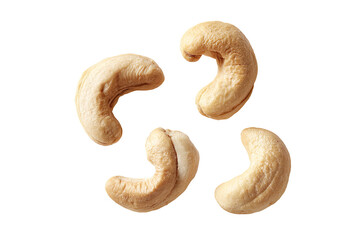 Four whole cashews arranged in a symmetrical, starburst pattern on a black background