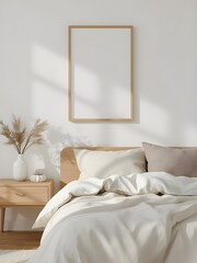 A cozy and minimalist bedroom interior with a comfortable bed, wooden nightstand, decorative pampas grass in a vase, and a blank vertical picture frame on a white wall, bathed in natural sunlight