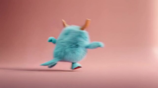 Funny fluffy blue monster walking and stumbling with motion blur on pink background