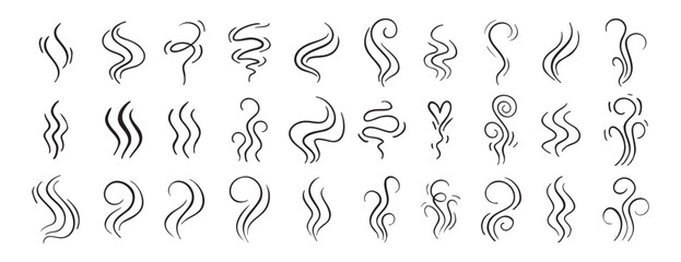 Naklejka premium Fire steam or Line smoke doodle hand drawn set. smell waves from food or coffee and beverages sketch style.