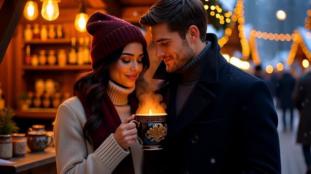 Christmas market date night: a romantic young couple embraces while sharing a cozy cup of mulled wine on a snowy winter evening.