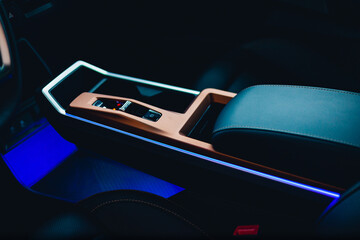 modern car interior with illuminated center console