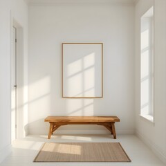 A bright and minimalist hallway or entryway interior with a rustic wooden bench, a textured rug, and a blank vertical picture frame on a clean white wall, featuring natural light from a large window