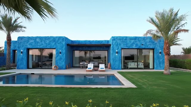 Blue Plastered House with Swimming Pool and Palm Trees under a Clear Sky Outdoors