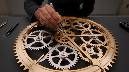 Clock icon: A skilled middle-aged watchmaker meticulously assembles the intricate gears of a brass clock mechanism with precision in his modern workshop.