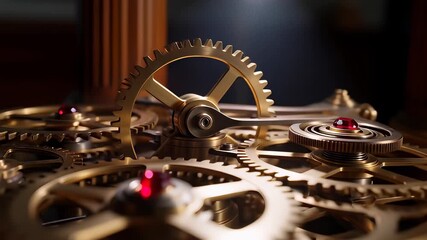 Antique clock's intricate golden gear mechanism in motion, a detailed close-up of precision timekeeping machinery.