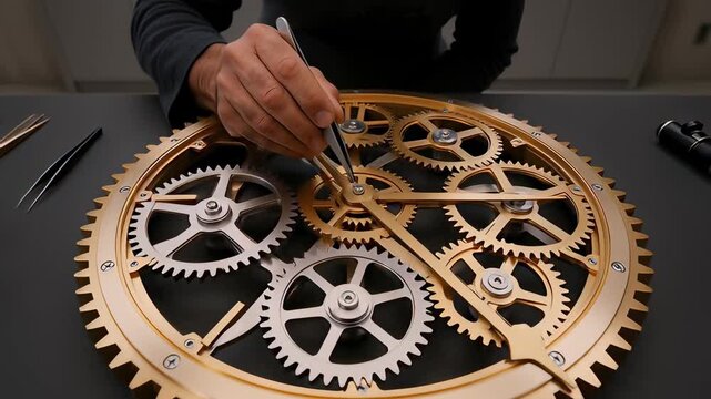 Clock icon: A skilled middle-aged watchmaker meticulously assembles the intricate gears of a brass clock mechanism with precision in his modern workshop.