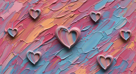 Abstract background with diverse textured paint strokes in bright colors, adorned with embossed 3D heart shapes, artistic and playful