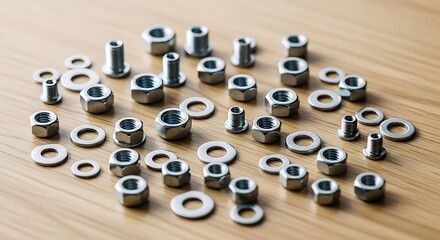 Array of stainless steel nuts, bolts, and washers on wooden surface