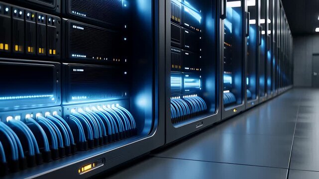 Cloud computing server racks with pulsating blue lights in a futuristic data center, representing network technology and digital storage. - Powered by Adobe