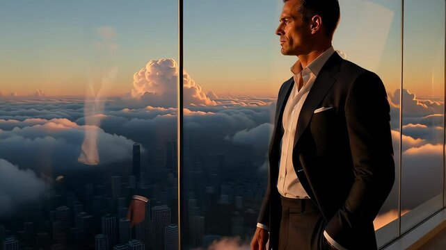 A successful businessman in a suit contemplates the future, standing by a window with a stunning cityscape view above a clouds background at sunrise.