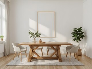 Modern dining room interior with a rustic wooden table, comfortable chairs, green plants, and a blank vertical picture frame on a white wall, bathed in natural sunlight