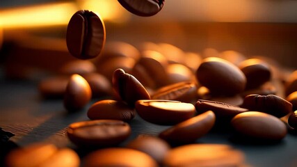 Roasted coffee beans falling in cinematic slow motion, with warm golden backlighting creating an aromatic and inviting atmosphere.