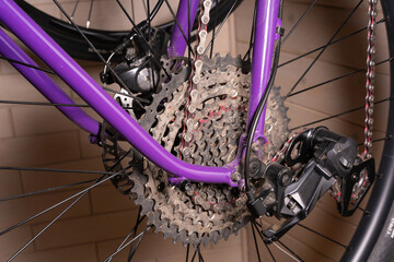 Close up view of a bicycle rear drivetrain showing cassette, chain, derailleur, and spokes in an outdoor setting. Selective focus.