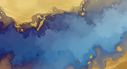Abstract background with vibrant blue watercolor or alcohol ink flowing into rich gold metallic textures, creating a luxurious fluid art piece
